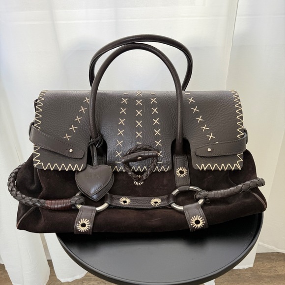 Luella Dark Brown Suede Leather Stitch Purse Heart Charm Satchel Shoulder Bag